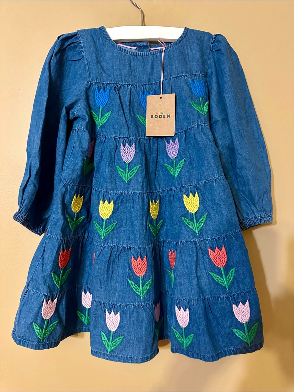 Mini Boden Girls' Blue Denim Tulip Embroidered Dress